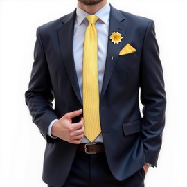 DiBanGu Silk Ties for Men Necktie and Lapel Pin Brooch Set Formal Woven Paisley Plaid Striped Solid Tie Wedding Party, Mustard Yellow