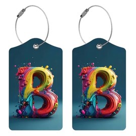 2 Pack Initial Luggage Tag for Suitcase, Colored Letter Unique Leather Bag Tags Identifiers Privacy Cover ID Label with Durable Steel Loop for Women Men Kids Girls Travel, Splash B Blue
