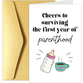 Funny Baby First Birthday Card for New Parents, Baby's 1st Birthday Card for First Time Parents, One Year Parenthood Card, New Parents Gifts, Cheers to Surviving the First Year of Parenthood Card