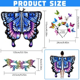 TTYSHIP® Children's Butterfly Costume, 135 x 115 cm, Butterfly Costume with Butterfly Headband and Colourful Mask for Carnival, Cosplay, Masquerade Balls