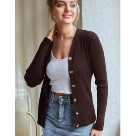 V Neck Cardigan Stretchy Outwear Button Down Highly Elastic Sweaters for Women (L,Coffee)