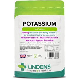 Lindens - Potassium 200mg Tablets with 50mg Vitamin C - 100 Tablets - UK Made - Contributes to Normal Blood Pressure, Muscle Function and Nervous System Function - Letterbox Friendly, Vegan