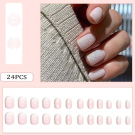 RUPOFUZA Short Press on Nails Square Fake Nails 24Pcs Porcelain White False Nails with Glitte Powder Designs Acrylic Nails Press ons Artificial Nails Stick on Nails for Women