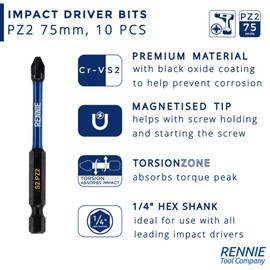 6 Piece Rennie Tool Magnetic 60mm Professional Impact Bit Holder with 5 x 75mm Long Magnetic Pozidriv PZ2 Screwdriver Impact Bits. Heavy Duty