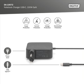 DIGITUS 100W GaN USB-C Notebook Ladegerät - Galliumnitrid-Technologie - Power Delivery 3.0-1,2m Kabellänge - auch für Smartphones und Tablets - schwarz