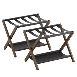 vovala Luggage Rack, Set of 2, Folding Suitcase Stand with Storage Shelf, Premium Bamboo Luggage Holder for Guest Room, Bedroom, Hotel, Closet, Holds up to 135 lb (Walnut)
