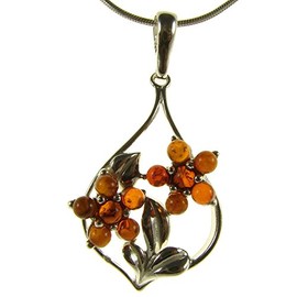 Baltic amber and sterling silver 925 cognac flower leaf pendant necklace with 1mm Italian sterling silver 925 snake chain