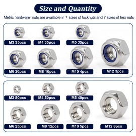 ZQZ 360 Pack Metric Hex Nuts & Locknuts Assortment Kit，M3 M4 M5 M6 M8 M10 M12 304 Stainless Steel Assorted Nylon Insert Lock Nuts Sets，Standard Thread Nylock Nuts