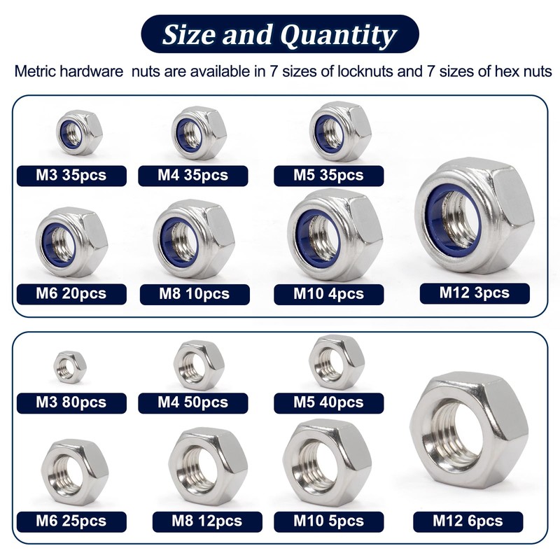 ZQZ 360 Pack Metric Hex Nuts & Locknuts Assortment Kit，M3