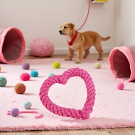 Gryshanyun Dog Rope Chew Toy, Heart Shaped Interactive Teething Toy for Puppies, Pink Cotton Dental Tug Toy