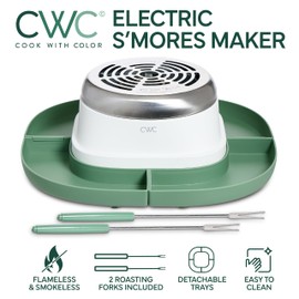 COOK WITH COLOR Electric Smores Maker - Flameless Heater, 120V 300W, with 4 Detachable Compartments & 2 Stainless Steel Roasting Forks, Green