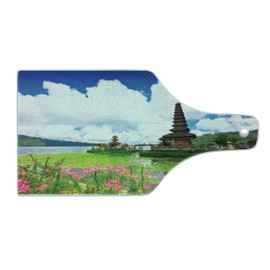 Ambesonne Balinese Cutting Board, Pura Ulun Danu Building Bali Tropic Flowers Water Plants Tower in Sea Scenery, Decorative Tempered Glass Cutting and Serving Board, Wine Bottle Shape, Green Pink Blue