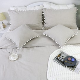 Boho 3Pcs Duvet Cover Set Queen Size Bohemian Bedding Set Vintage Pom-Fringe Pompom Quilt Cover 100% Washed Cotton Baby Teen Grey+White Pom