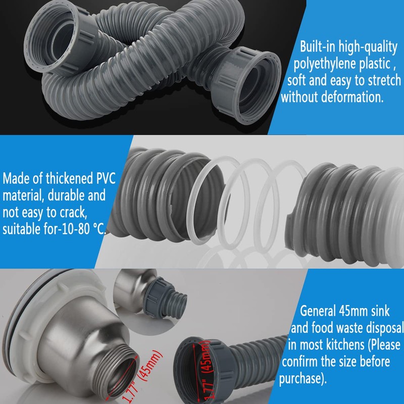 Cinsda Flexible Sink Drain Pipe, 1-1/2 P-trap with Adapter, Expandable