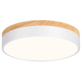 Modern LED Ceiling Light, Dimmable Wood Flush Mount Ceiling Lighting Fixture, 5CCT Round Wood Close to Ceiling Lamp for Kitchen Hallway Bathroom Office Laundry Room Entryway Nursery(White& 11.81 in)