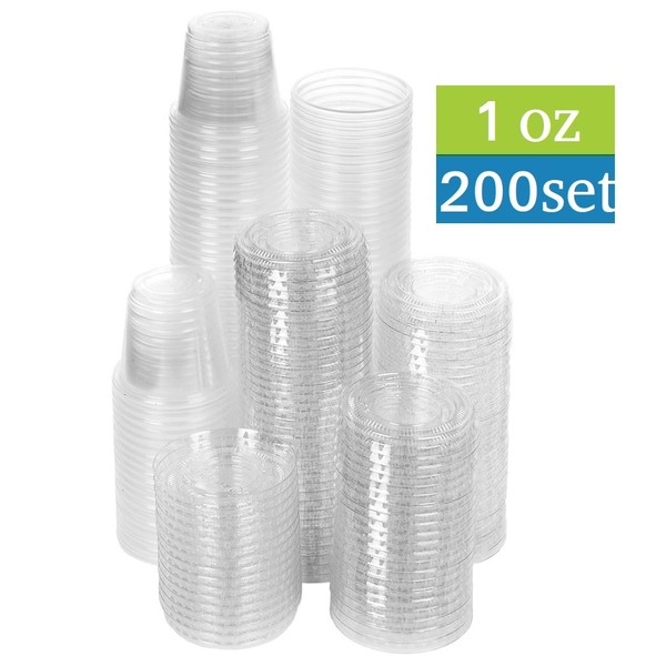 TashiBox 1 oz disposable portion cups with lids, set of 200 - jello shot cups, souffle cups, sampling cups, sauce cups