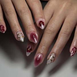 Uñas Postizas De Almendra Medianas, Con Diseño De Flores Marrones Y Diseño Geométrico Dorado, Con Punta Francesa, Acrílicas Brillantes Para Mujer, 24 