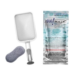 Skimmie Scoop Handheld Skimmer with AhhSome Hot Tub Cleaner Single Use Packet Kit, Skimmer with Fine Mesh Net for Spa, Hot Tub, and Pool Cleaning, Effective Hot Tub Cleaner - White