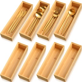 Kigley 8 Pieces Bamboo Drawer Organizer Kitchen Utensils Wooden Utensil Stackable Wooden Storage Box Bamboo Silverware Tray for Drawer(12 x 3 x 2 Inch,Wood) | Kigley