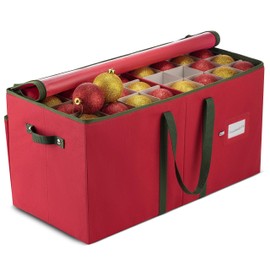 Poxela Christmas Ornament Storage Box 128 Capacity - Durable Tear-Proof Fabric Organizer with Adjustable Dividers & Dual Zipper for 3 Inch Christmas Ornament Storage, Red Large Ornament Storage Box