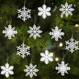 Pack of 24 Christmas Snowflakes Decoration, Christmas Party Decoration, Snowflake Christmas Decoration Glitter with Plastic Sequins, for Christmas Tree Glitter Christmas Tree Decorations (White)