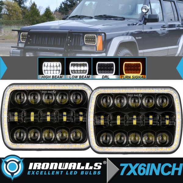 Ironwalls Pair 7x6" 5x7" LED Headlight H4 HiLo DRL Turn