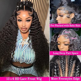 Nervoss 22Inch 13X6 Lace Front Wigs Human Hair 200% Density Deep Wave HD Transparent Lace Front Wigs Human Hair Pre Plucked Glueless Wigs Deep Curly Human Hair for Women With Baby Hair