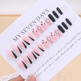 BAOYAALIN Press on Nails Medium Square Fake Nails with Fashion Heart Design Full Cover Acrylic Glue Artificial Press Stick ons Nail for Women Manicure 24PCS