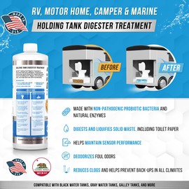 RV Black Tank Treatment Toilet Chemicals - 16 Treatments Waste Digester for Holding Tank, Gray Water Tank in RVs, Campers & Boat - Camper Toilet Sensor Cleaner, Sewer Deodorizer, 32oz - Made in USA