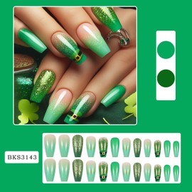 24Pcs St. Patrick's Day Press on Nails Medium Green Gradient Glitter Powder False Nails Full Cover Glossy Acrylic Nails Artificial Ballet Shaped Glue on Nails Reusable Stick on Nails for Women