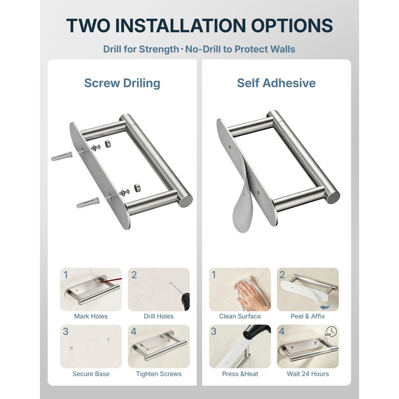 RARXTR Toilet Paper Holder Adhesive or Screw Stainless Steel Brushed
