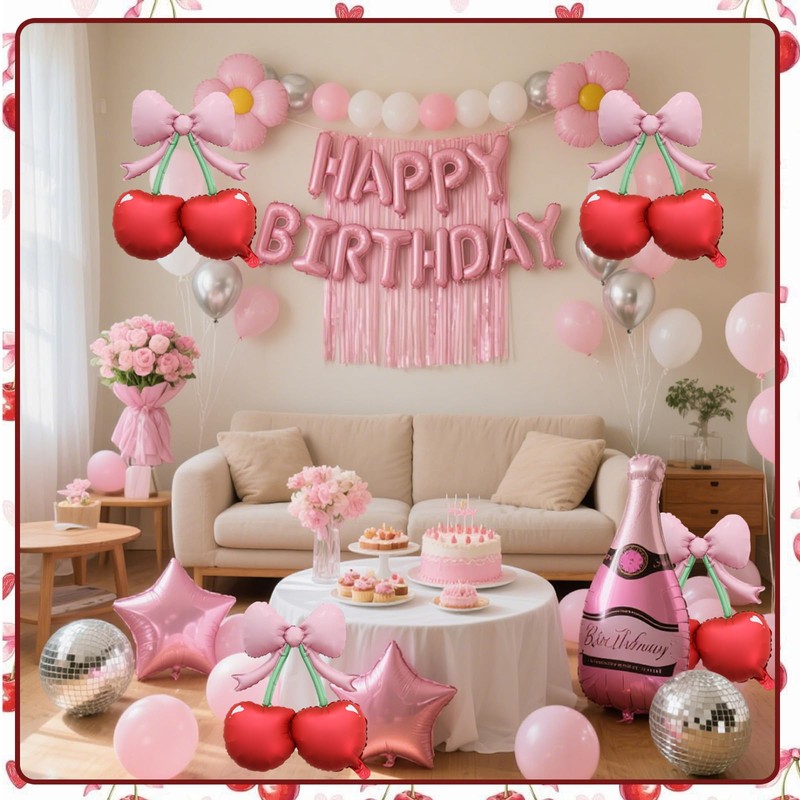 4 palloncini rosa con fiocco e ciliegie rosse, decorazioni per