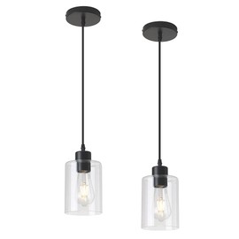 KLSS Modern Black Farmhouse Clear Glass Cylinder Pendant Light Fixture,Mini Pendant Lighting for Kitchen Island Decor - 4.75 Inch Shade, 2-58 Inch Cord, Matte Black.(2 Pack)