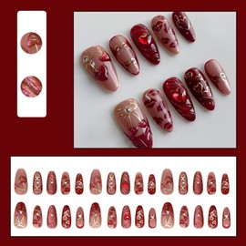 24 Pcs Wine Red Press on Nails Short Almond,MINGCHUN Fall Summer Fake Nails Press ons Acrylic Nail Art Tips Kit Full Cover False Nails Glue on Nails with 3D Cherry Rhinestone Design for Women