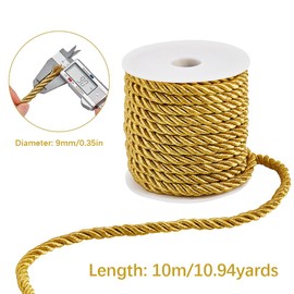 SOFPLATE 11 Yards/10M 9mm Twisted Cord Gold Decorative Rope Thick Polyester 3-Ply Silk Twine String Twist Graduation Honor Cords Braided Cording for Home Decor Costume Bag Upholstery Curtain Tieback