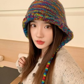aoozleny Knit Beanie Hat with Ear Flap for Women,Rainbow Striped Soft Warm Ear Warmers Winter Hats