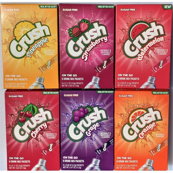 On the Go Crush Variety Pack - 6 boxes total - 1 box each flavor: Cherry - Grape - Pineapple - Strawberry - Watermelon - Orange