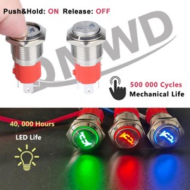 DMWD 20Amp 12V-24V Horn Push Button Switch 16mm Heavy Duty (ON)-Off Momentary Speaker Metal Switch Waterproof Anti-Vandal with Pre-Wired Harness for 5/8" Mounting Hole Red LED Silver Shell