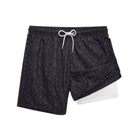 SurfTrak Swim Trunks Mens Bathing Suit 5 inch Inseam with Compression Liner Beach Swim Shorts Stretch Quick Dry Pockets, Blackshell, 32