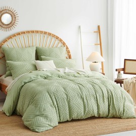 Tospass Boho Bed Linen, 155 x 220 cm, Sage Green, Tufted, with Handmade Embroidery, Bed Linen Set, Vintage, Shabby Chic, Washed Microfibre, 1 Duvet Cover with Zip, 1 Pillowcase, 80 x 80 cm