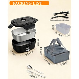 CDBEEE Electric Lunch Box Food Heater - 80W Fast Heating, 1.5L Heated Lunch Box Leak-Proof 304 Stainless Steel Portable Food Warmer, (12V/24V Car/Truck & 110V Home), Ideal for Work/Travel（Black）