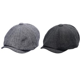 JSTHHTT 2 Pcs Mens Tweed Flat Caps, Newsboy Cap, Adjustable Berets, Duckbill Hat, Hunting Hats for Men, Spring Autumn Winter, 56-59CM (Black, Gray)