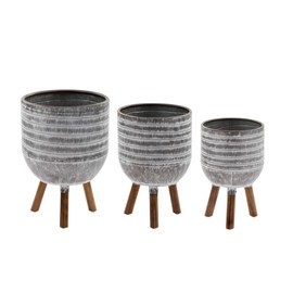 Napco Sm 14, Med 15.5, Lg 17 Inch Metal Indoor Garden Decor Container Holder Flower Plant Pot Tree Cover Stand with Legs Set of 3 Grey Lined Design