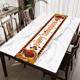 Thanksgiving decorations, Happy Thanksgiving table runner, autumn Thanksgiving tablecloth decoration, autumn pumpkin maple leaf turkey themed table set party supplies (HAPPY THANKSGIVING table runner)