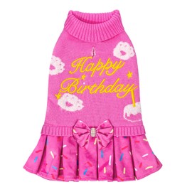 CuteBone Pink Dog Sweater Dress Happy Birthday Pet Sweater Sweaters for Small Dogs with Bowtie Pullover Pupply Clothes Cats Clothes