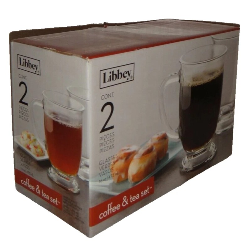 LIBBEY 2-PC Set Clear GLASSES Coffee MUGS Tea CUPS 16