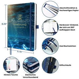 Calendar 2026 – Weekly Planner from Jan to Dec. 2026, Calendar 2026 A5 with Inner Pocket, Elastic Closure, Diary 2026, 21.5 cm x 14.7 cm x 19 mm