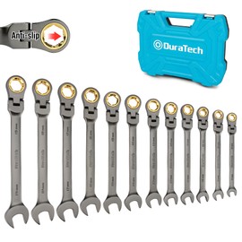 DURATECH Anti-Slip Flex-Head Ratcheting Wrench Set, Combination Wrench Set, 12-Piece, 72-Tooth, Metric, 8-19 mm, CR-V Steel, Organized in Storage Case