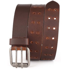 Leather Work Belt, Heavy Duty Double Prong Genuine full grain Leather Belts for Men 1 1/2", Mens Casual Belts for Jeans, Vintage-brown, 44