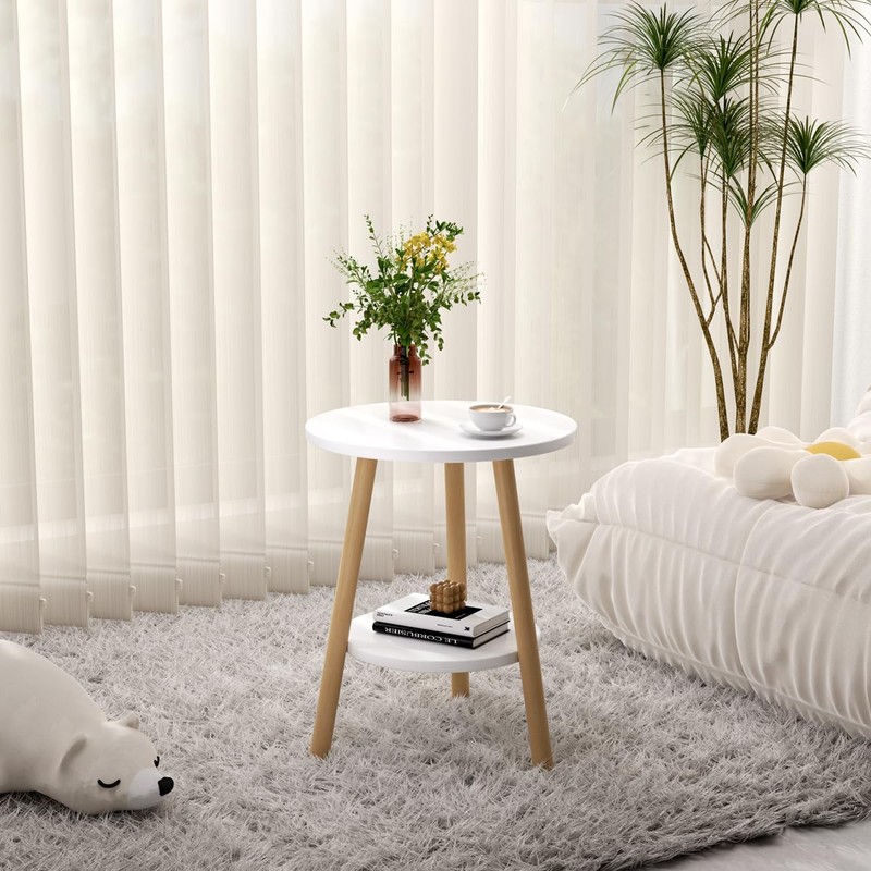 OERGKE Round End Table, Small Side Tables with Lower Shelf,
